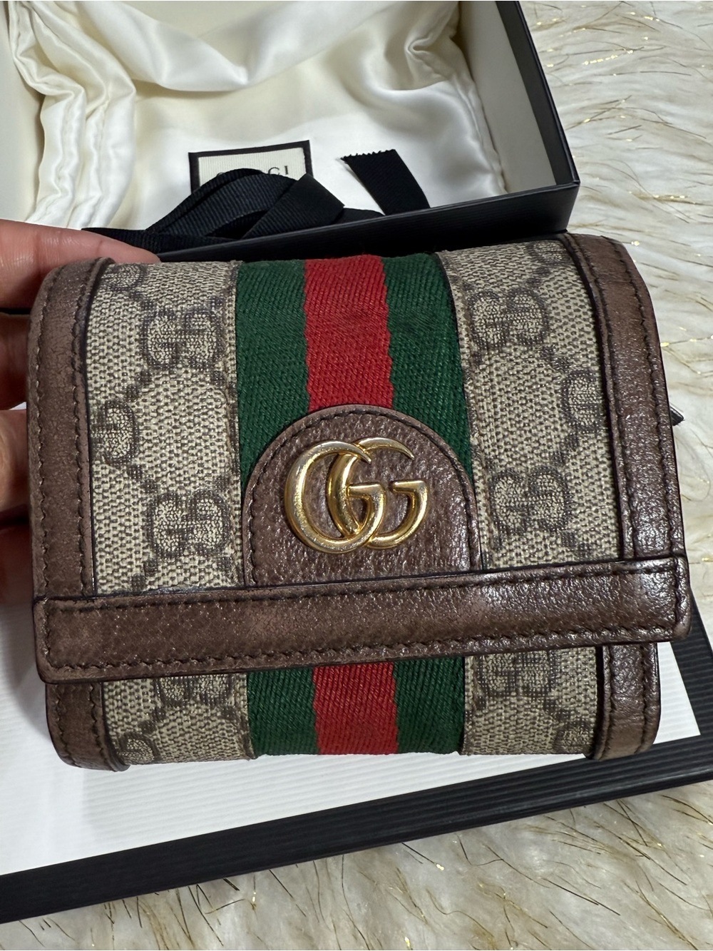 Gucci Brown Leather Card Case with Black Fabric Trim